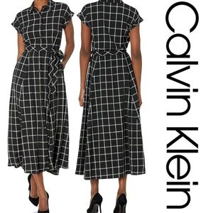 Calvin Klein Black and White Grid Midi Dress